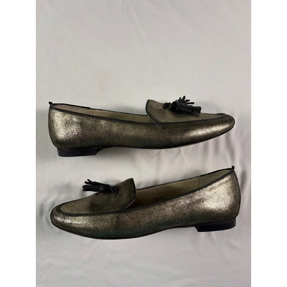 Boden Ines Tassel Loafers 37.5 US 6.5 Metallic Gold‎ Leather Flats Preppy Whimsy